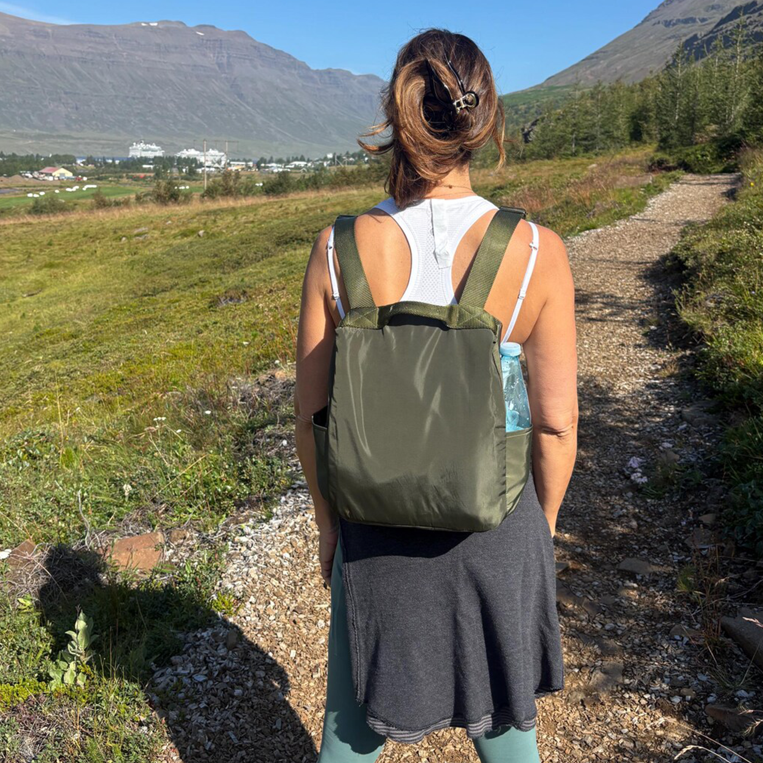 Olive Green Lightweight Anti-Theft Square Backpack With Rear Hidden Zip Compartment, Dual Side Drink Pockets And Integrated Fabric Top Carry Handle