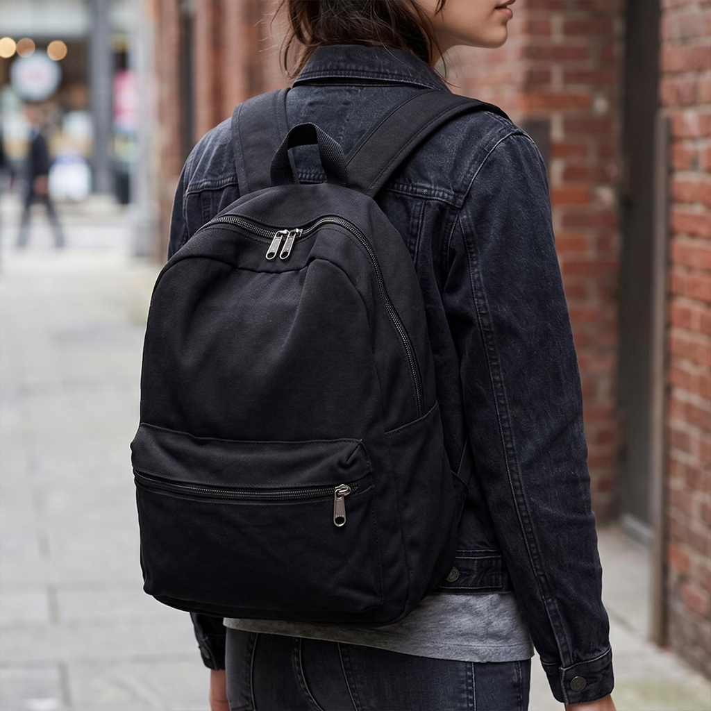 Solid Canvas Rounded Casual Backpack With Dual External Zip Compartments, Hidden Inner Security Pocket And Integrated Fabric Top Carry Loop