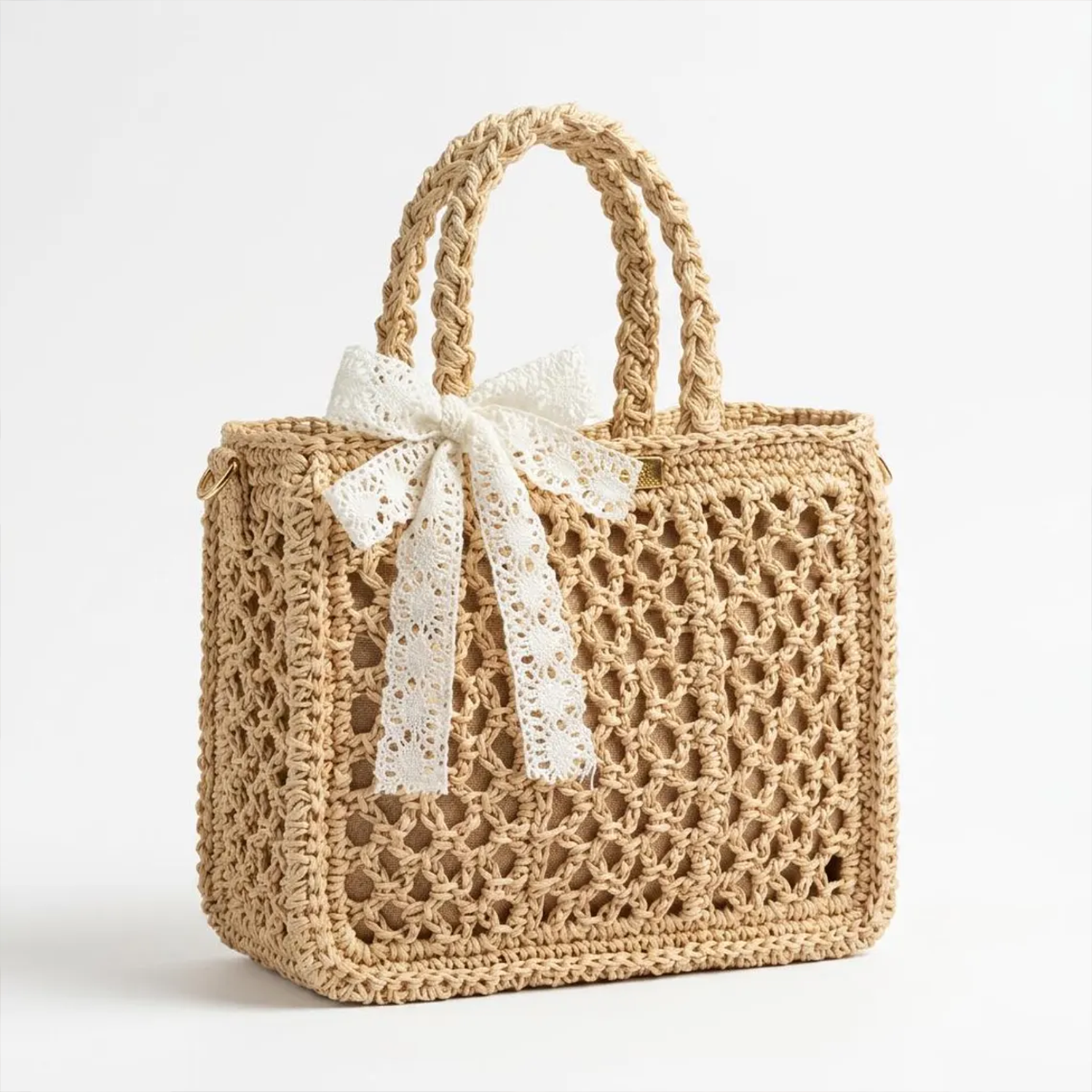 Natural Beige Hollow Crochet Woven Rectangular Tote Bag With White Lace Bow Decor, Braided Top Handles And Side Metal Strap Attachment Rings