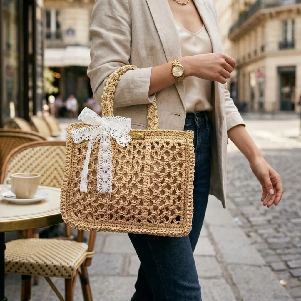 Natural Beige Hollow Crochet Woven Rectangular Tote Bag With White Lace Bow Decor, Braided Top Handles And Side Metal Strap Attachment Rings