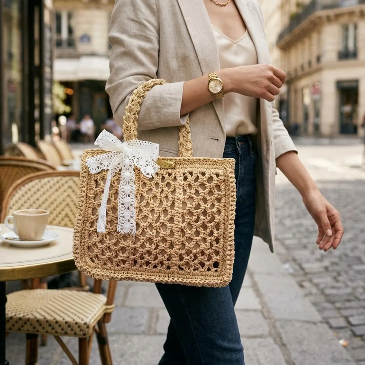 Natural Beige Hollow Crochet Woven Rectangular Tote Bag With White Lace Bow Decor, Braided Top Handles And Side Metal Strap Attachment Rings