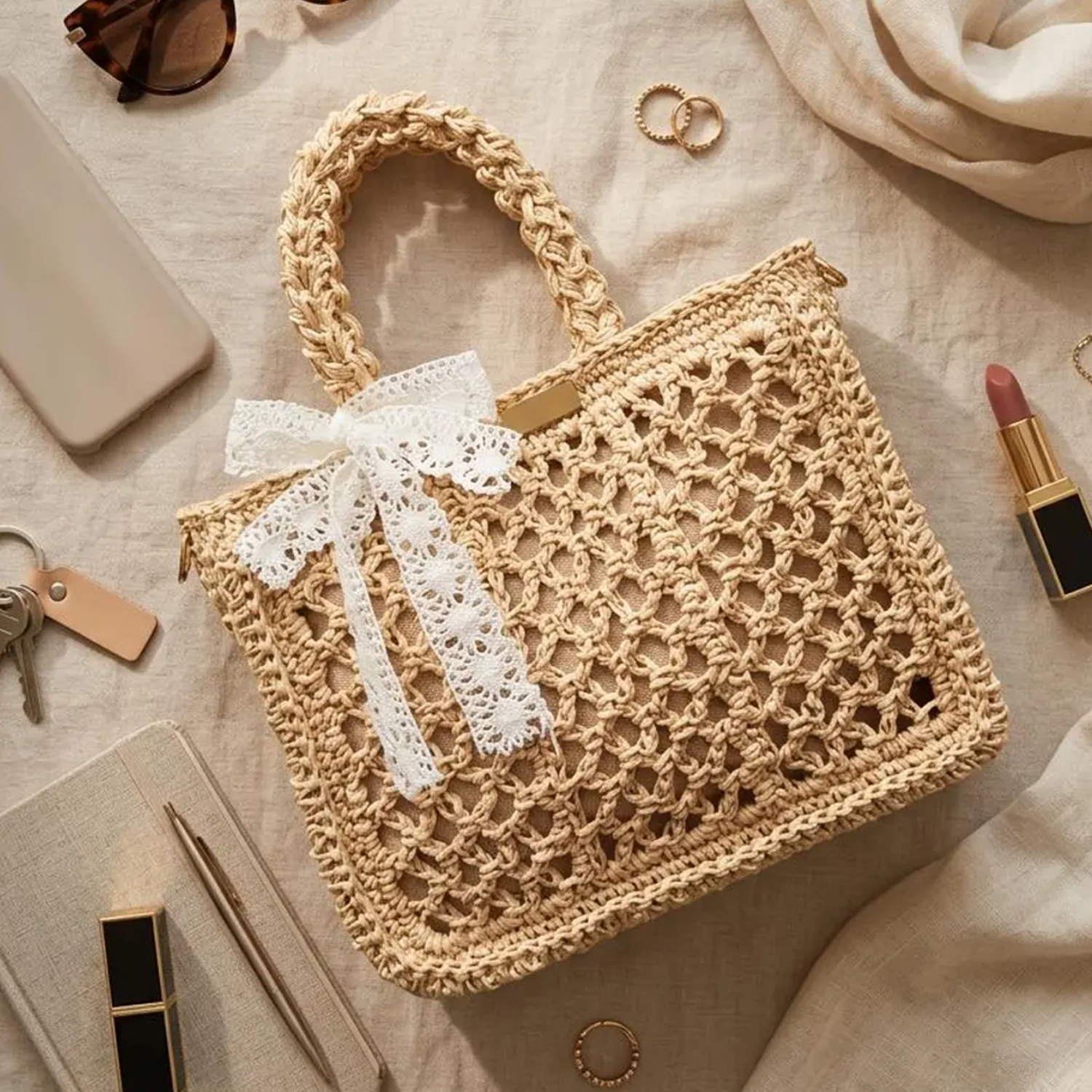 Natural Beige Hollow Crochet Woven Rectangular Tote Bag With White Lace Bow Decor, Braided Top Handles And Side Metal Strap Attachment Rings