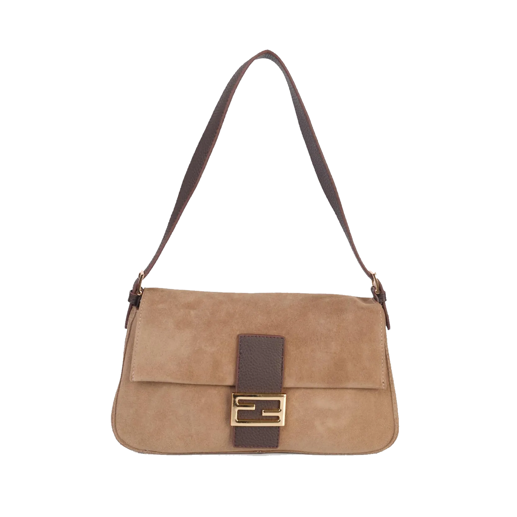 Light Taupe Suede Slim Rectangular Flap Shoulder Bag With Dark Grain Trim, Geometric Gold Metal Clasp And Spare Hidden Interior Carry Strap