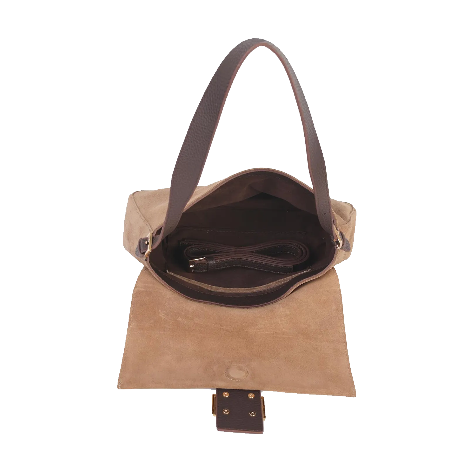 Light Taupe Suede Slim Rectangular Flap Shoulder Bag With Dark Grain Trim, Geometric Gold Metal Clasp And Spare Hidden Interior Carry Strap