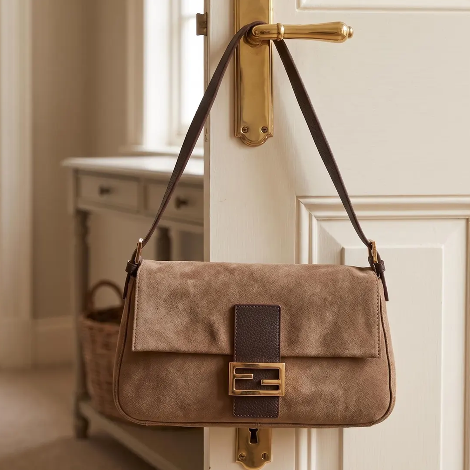 Light Taupe Suede Slim Rectangular Flap Shoulder Bag With Dark Grain Trim, Geometric Gold Metal Clasp And Spare Hidden Interior Carry Strap
