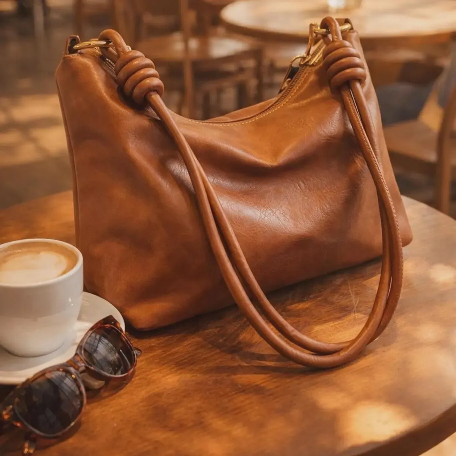 Two-Tone Soft Wrinkled Slouch Hobo Shoulder Bag With Knotted Wrapped Strap Detailing, Full Curve Top Zipper And Spacious Unstructured Interior Cavity