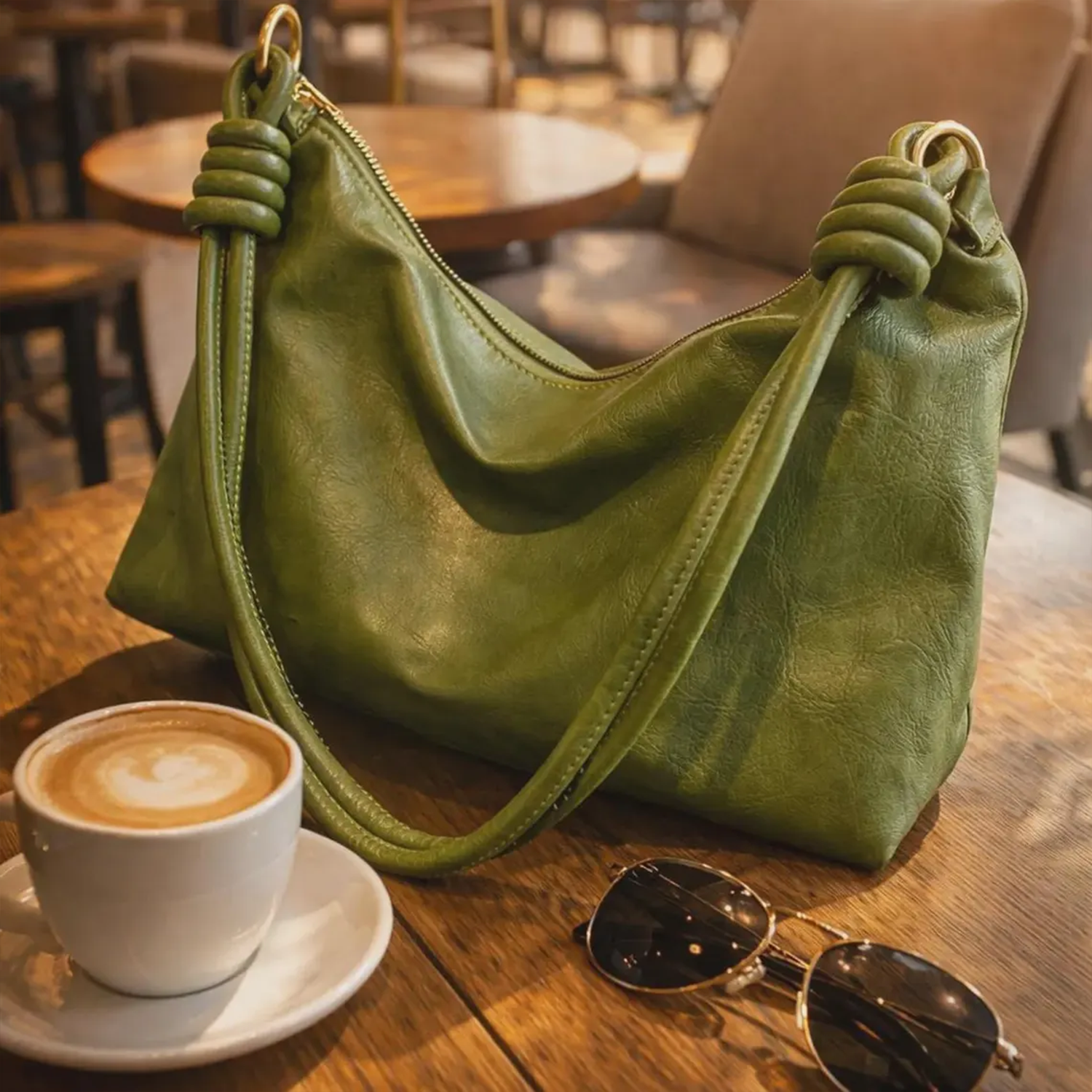 Two-Tone Soft Wrinkled Slouch Hobo Shoulder Bag With Knotted Wrapped Strap Detailing, Full Curve Top Zipper And Spacious Unstructured Interior Cavity