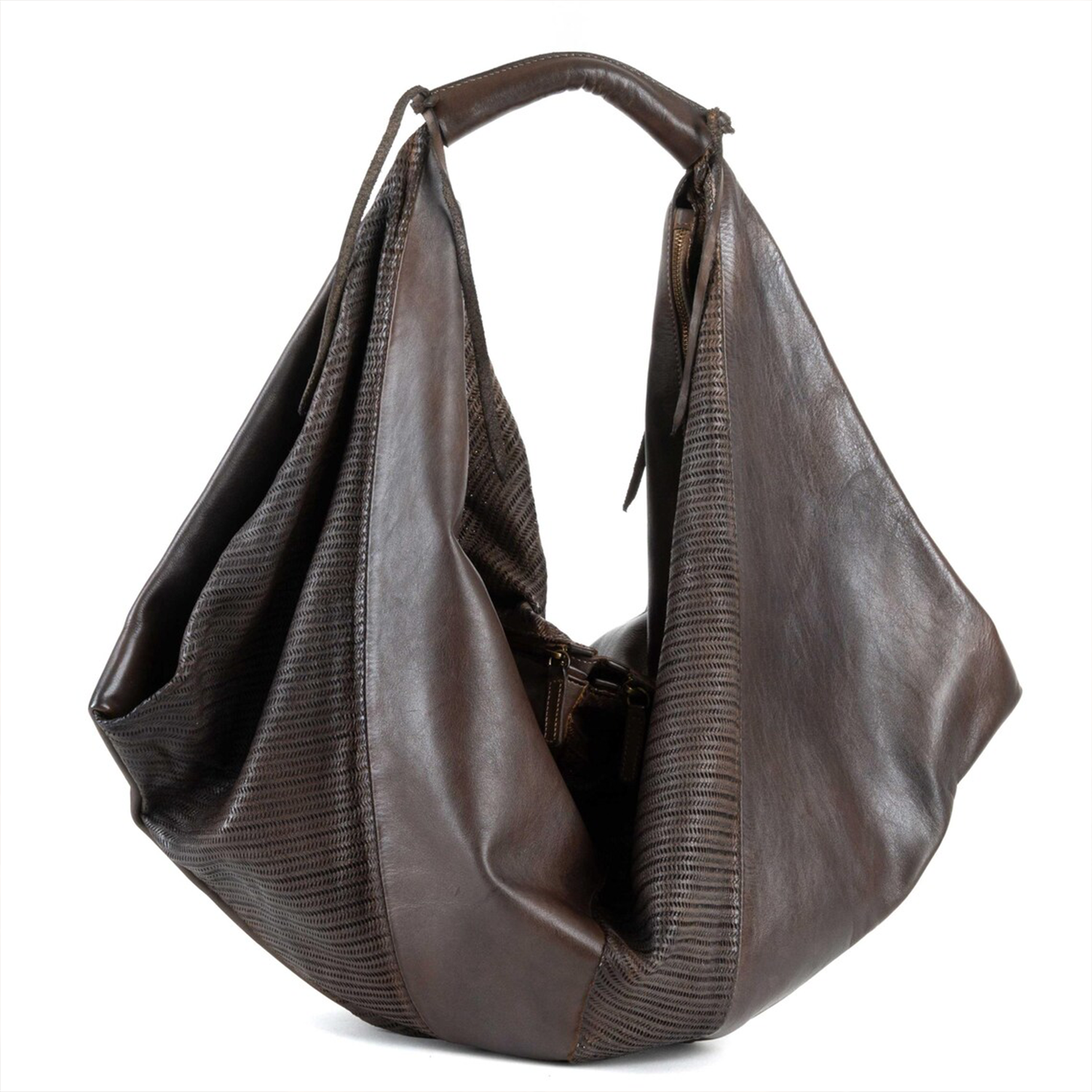 Deep Vintage Brown Oversized Draped Hobo Tote Bag With Ribbed Textured Side Panels, Curved Thick Top Handle And Built-In Inner Zippered Mini Storage Pouch