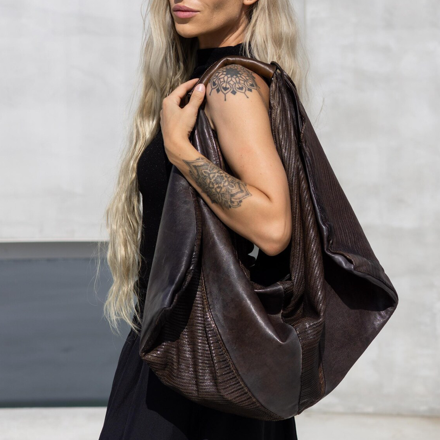 Deep Vintage Brown Oversized Draped Hobo Tote Bag With Ribbed Textured Side Panels, Curved Thick Top Handle And Built-In Inner Zippered Mini Storage Pouch