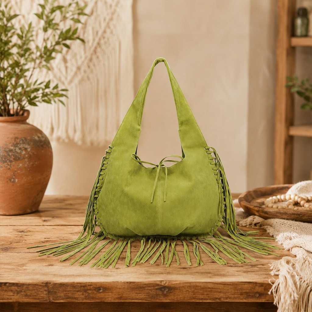 Lime Green Slouchy Boho Hobo Shoulder Bag With Full Edge Fringe Tassel Trim, Hand-Laced Side Stitching And Drawstring Top Closure