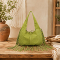 Lime Green Slouchy Boho Hobo Shoulder Bag With Full Edge Fringe Tassel Trim, Hand-Laced Side Stitching And Drawstring Top Closure