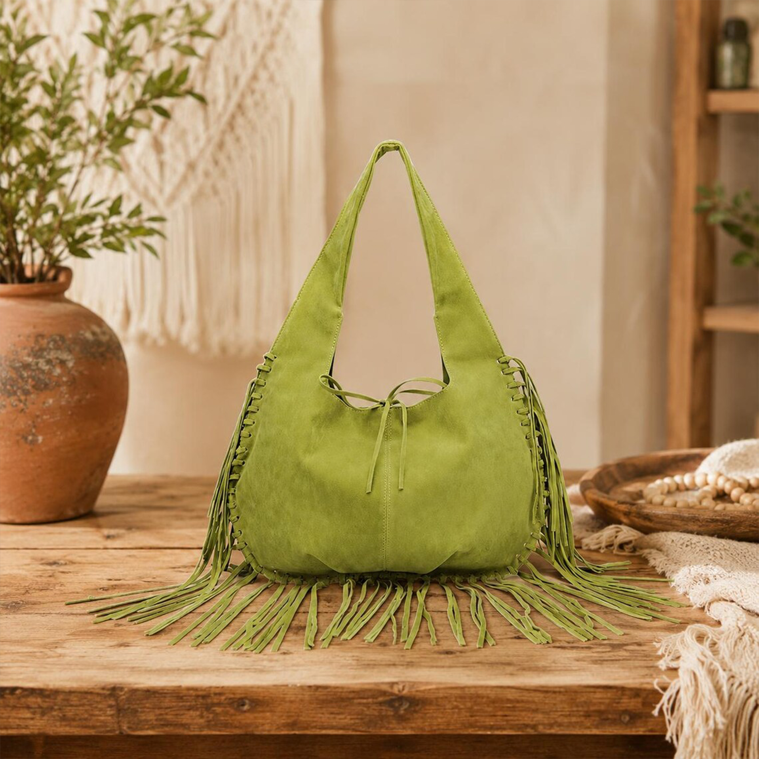 Lime Green Slouchy Boho Hobo Shoulder Bag With Full Edge Fringe Tassel Trim, Hand-Laced Side Stitching And Drawstring Top Closure