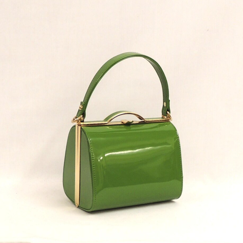 Vivid Glossy Green Retro Mini Box Handbag With Gold Tone Metal Frame Trim, Curved Kiss-Lock Clasp And Single Curved Top Carry Handle