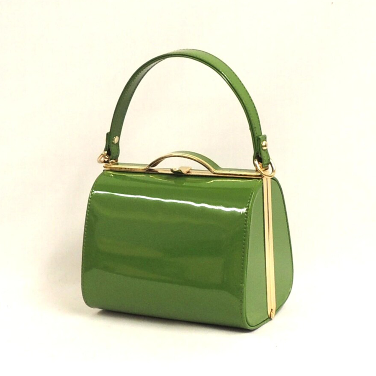 Vivid Glossy Green Retro Mini Box Handbag With Gold Tone Metal Frame Trim, Curved Kiss-Lock Clasp And Single Curved Top Carry Handle