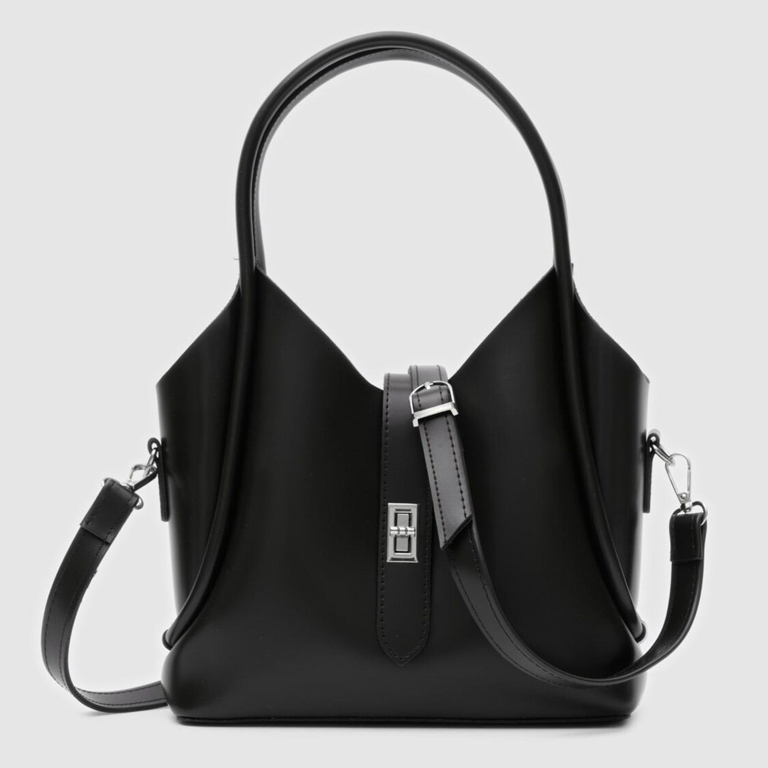 Polished Black V-Cut Structured Bucket Handbag With Silver Turn-Lock Fastener, Curved Dual Top Handles And Detachable Matching Shoulder Carry Straps