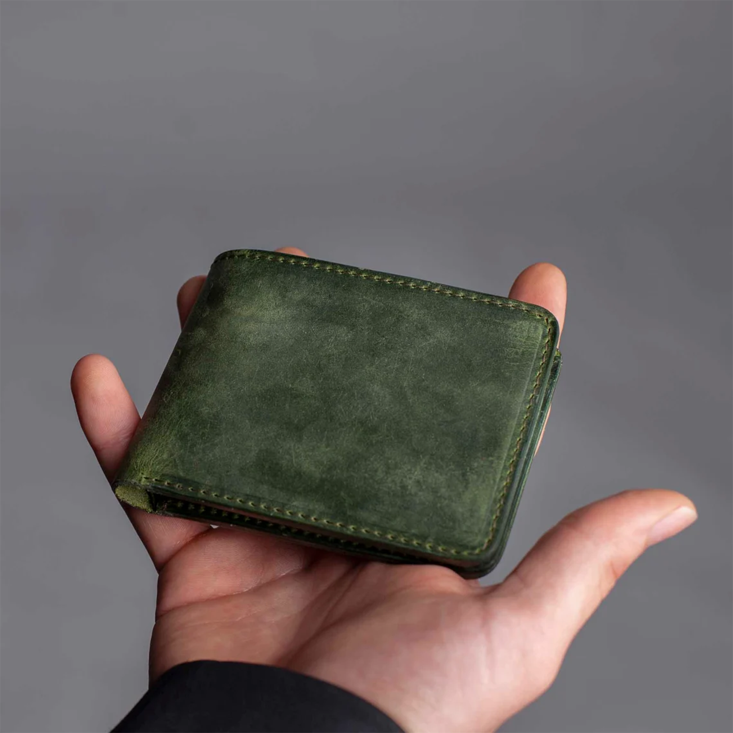 Vintage Distressed Textured Bifold Pocket Wallet With Tone-Matched Edge Stitching, Slim Minimalist Silhouette And Multi-Slot Interior Storage Layout