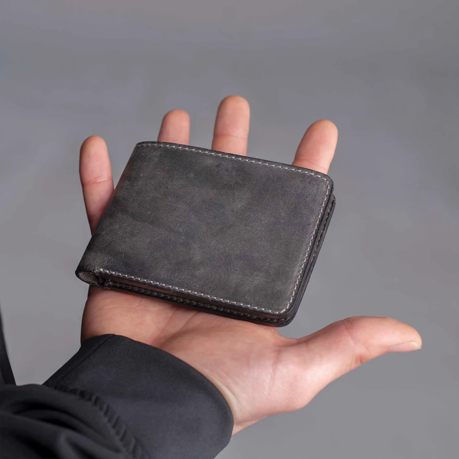 Vintage Distressed Textured Bifold Pocket Wallet With Tone-Matched Edge Stitching, Slim Minimalist Silhouette And Multi-Slot Interior Storage Layout