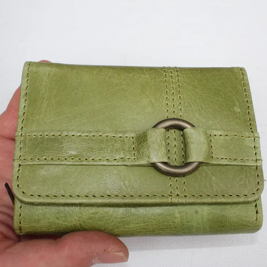 Apple Green Washed Textured Trifold Wallet With Front Antique Metal Ring Strap Accent, Multi Card Slots Transparent ID Window And Divided Rear Zip Coin Compartment