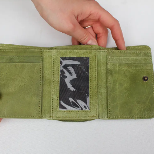 Apple Green Washed Textured Trifold Wallet With Front Antique Metal Ring Strap Accent, Multi Card Slots Transparent ID Window And Divided Rear Zip Coin Compartment