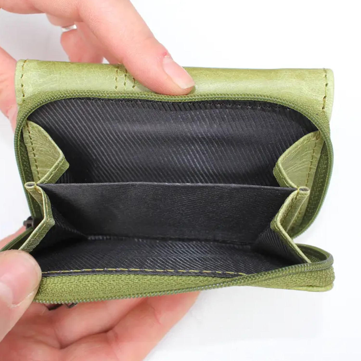 Apple Green Washed Textured Trifold Wallet With Front Antique Metal Ring Strap Accent, Multi Card Slots Transparent ID Window And Divided Rear Zip Coin Compartment