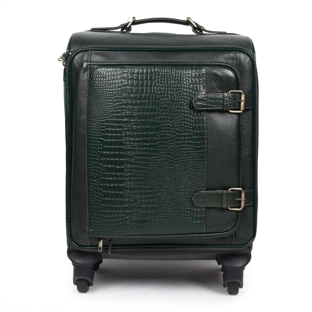Deep Olive Green Embossed Scale Cabin Rolling Trolley Case With Four Spinner Wheels, Antique Metal Buckle Front Straps, Retractable Pull Rod And Quick-Access Front Zip Pocket