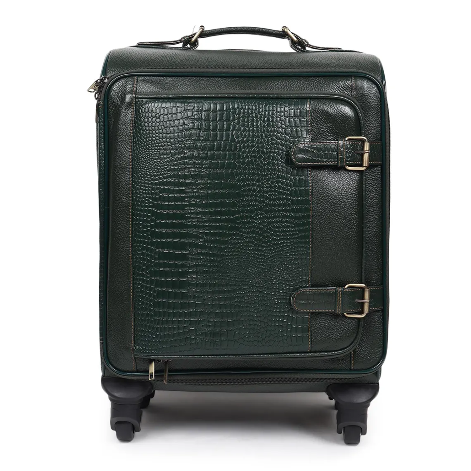 Deep Olive Green Embossed Scale Cabin Rolling Trolley Case With Four Spinner Wheels, Antique Metal Buckle Front Straps, Retractable Pull Rod And Quick-Access Front Zip Pocket