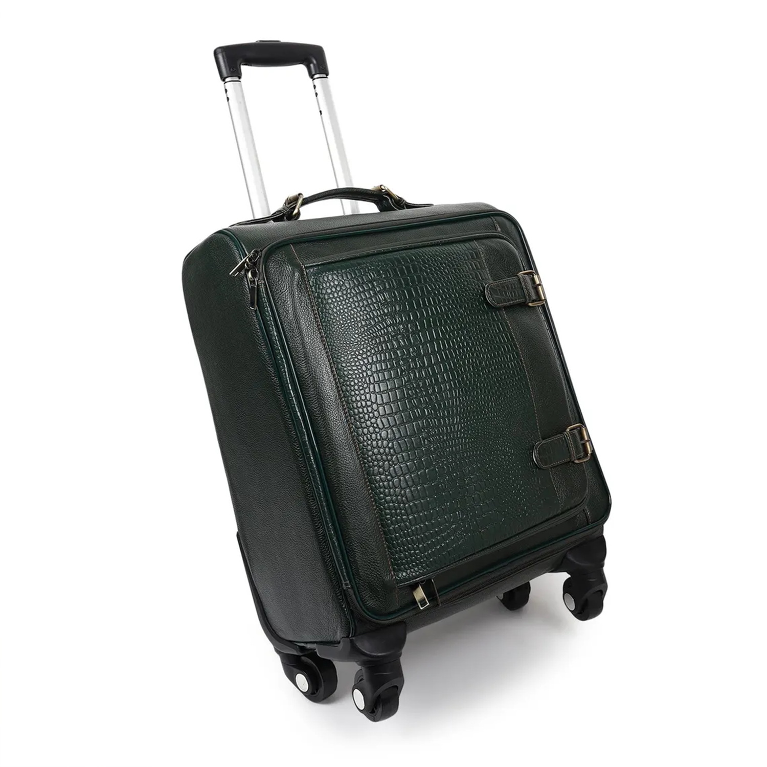 Deep Olive Green Embossed Scale Cabin Rolling Trolley Case With Four Spinner Wheels, Antique Metal Buckle Front Straps, Retractable Pull Rod And Quick-Access Front Zip Pocket