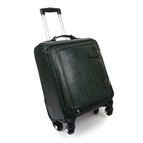 Deep Olive Green Embossed Scale Cabin Rolling Trolley Case With Four Spinner Wheels, Antique Metal Buckle Front Straps, Retractable Pull Rod And Quick-Access Front Zip Pocket