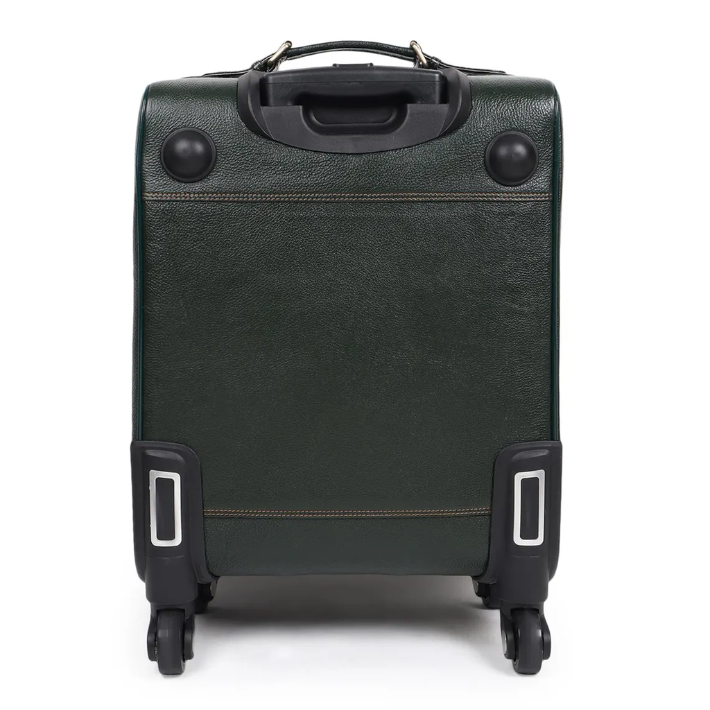 Deep Olive Green Embossed Scale Cabin Rolling Trolley Case With Four Spinner Wheels, Antique Metal Buckle Front Straps, Retractable Pull Rod And Quick-Access Front Zip Pocket