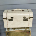 Marbled Off-White Vintage Hard Train Case With Bronze Metal Hardware, Floral Printed Fabric Lining And Protective Base Metal Feet