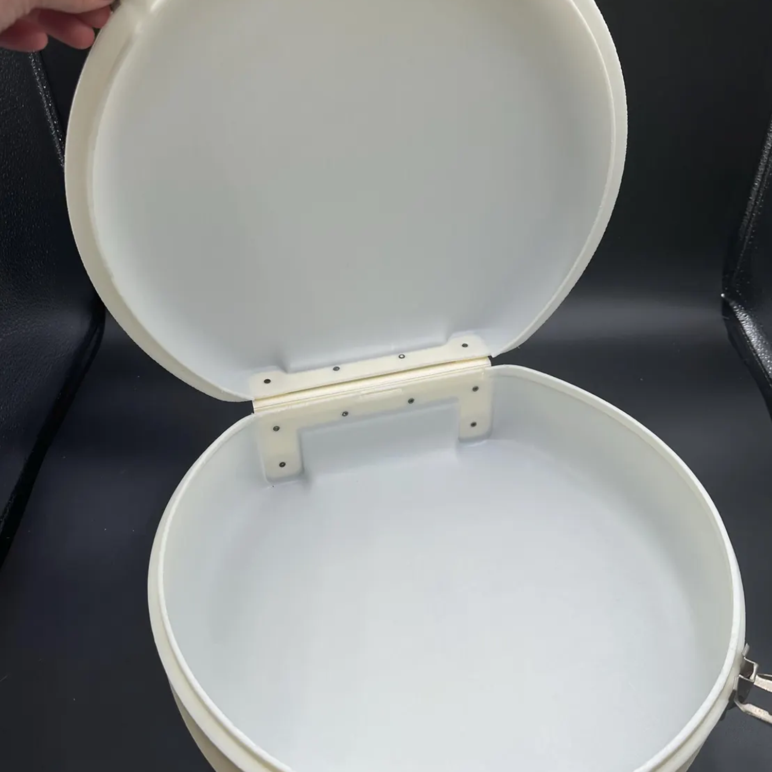 Off-White Vintage Oval Hard Travel Carry Case With Matching Curved Hand Grip, Aged Silver Latch Hardware And Blank Spacious Unlined Interior Cavity