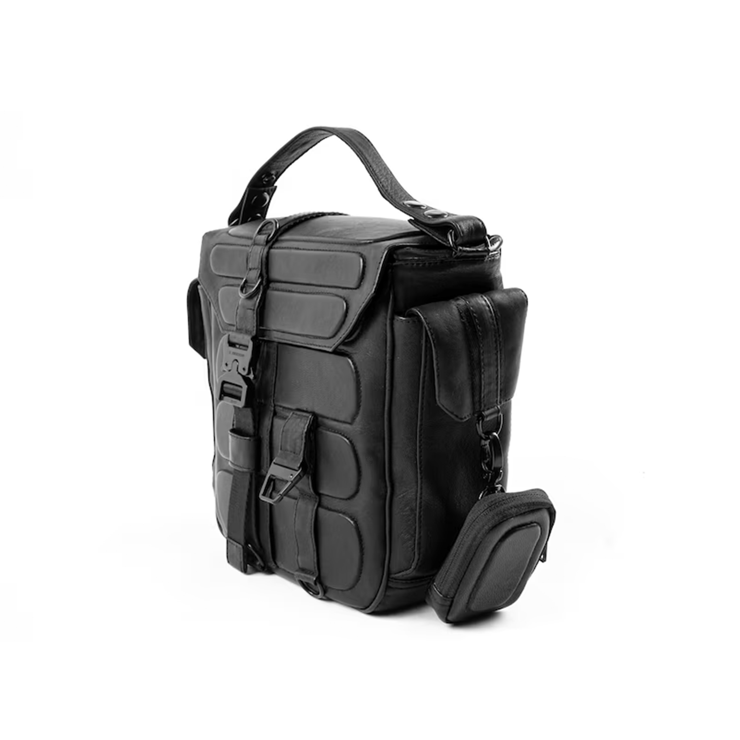 Black Padded Panel Tactical Multi-Wear Carry Pack With Industrial Buckle Fasteners, Detachable Mini Zipper Pouch And Convertible Hand/Shoulder/Back Wearing Hardware
