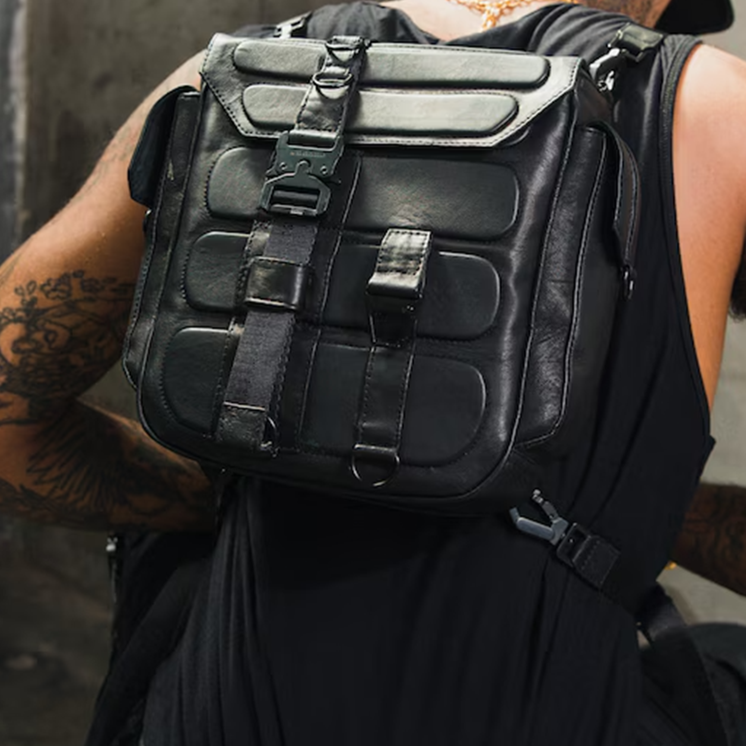 Black Padded Panel Tactical Multi-Wear Carry Pack With Industrial Buckle Fasteners, Detachable Mini Zipper Pouch And Convertible Hand/Shoulder/Back Wearing Hardware