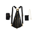 Black Wrinkled Teardrop Dual-Strap Backpack With Triple Golden Zipper Front Compartments, Matching Mini Pouch And Chain Linked Slim Card Holder Set