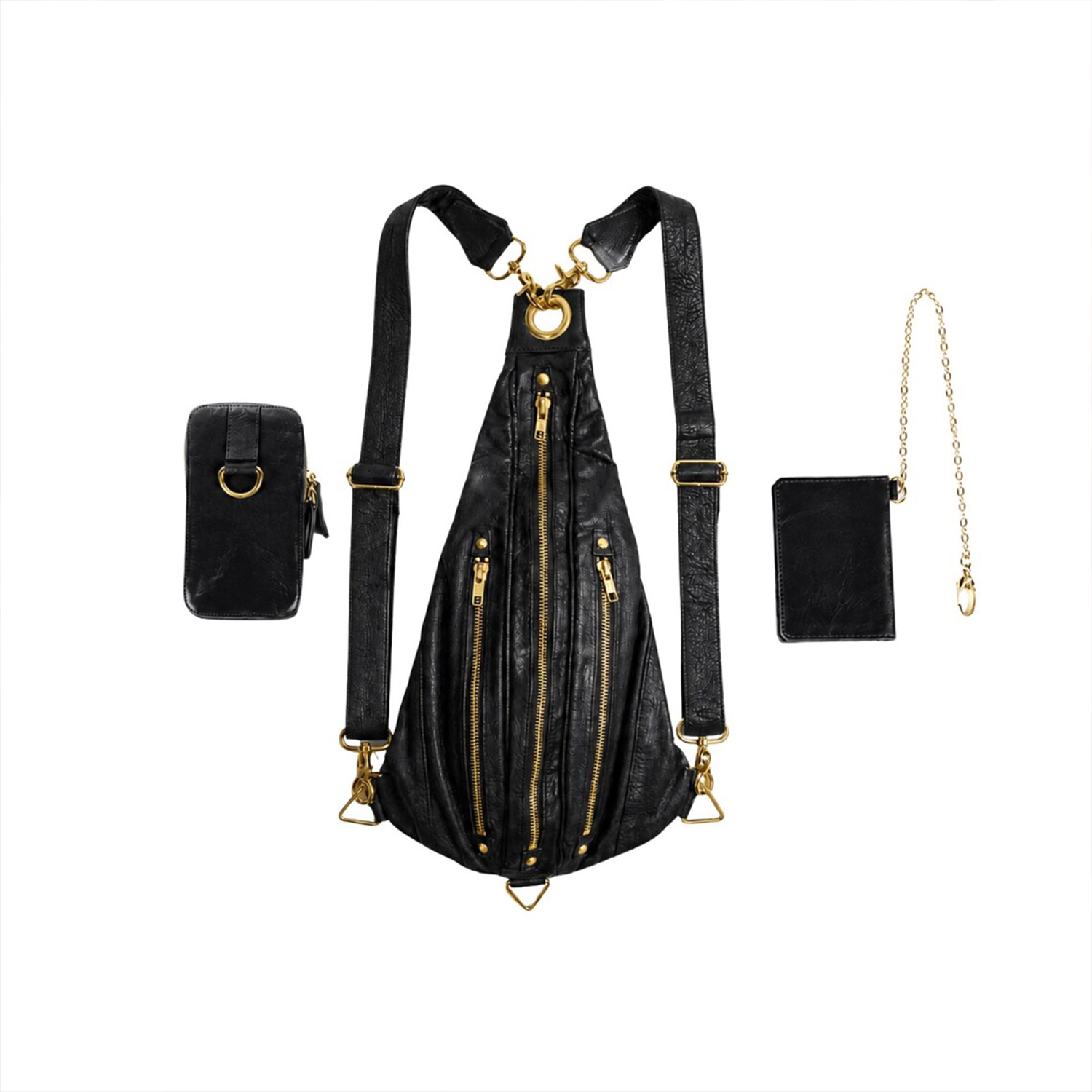 Black Wrinkled Teardrop Dual-Strap Backpack With Triple Golden Zipper Front Compartments, Matching Mini Pouch And Chain Linked Slim Card Holder Set