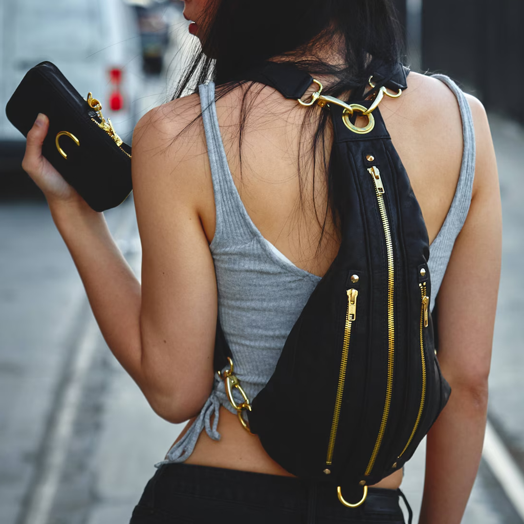 Black Wrinkled Teardrop Dual-Strap Backpack With Triple Golden Zipper Front Compartments, Matching Mini Pouch And Chain Linked Slim Card Holder Set