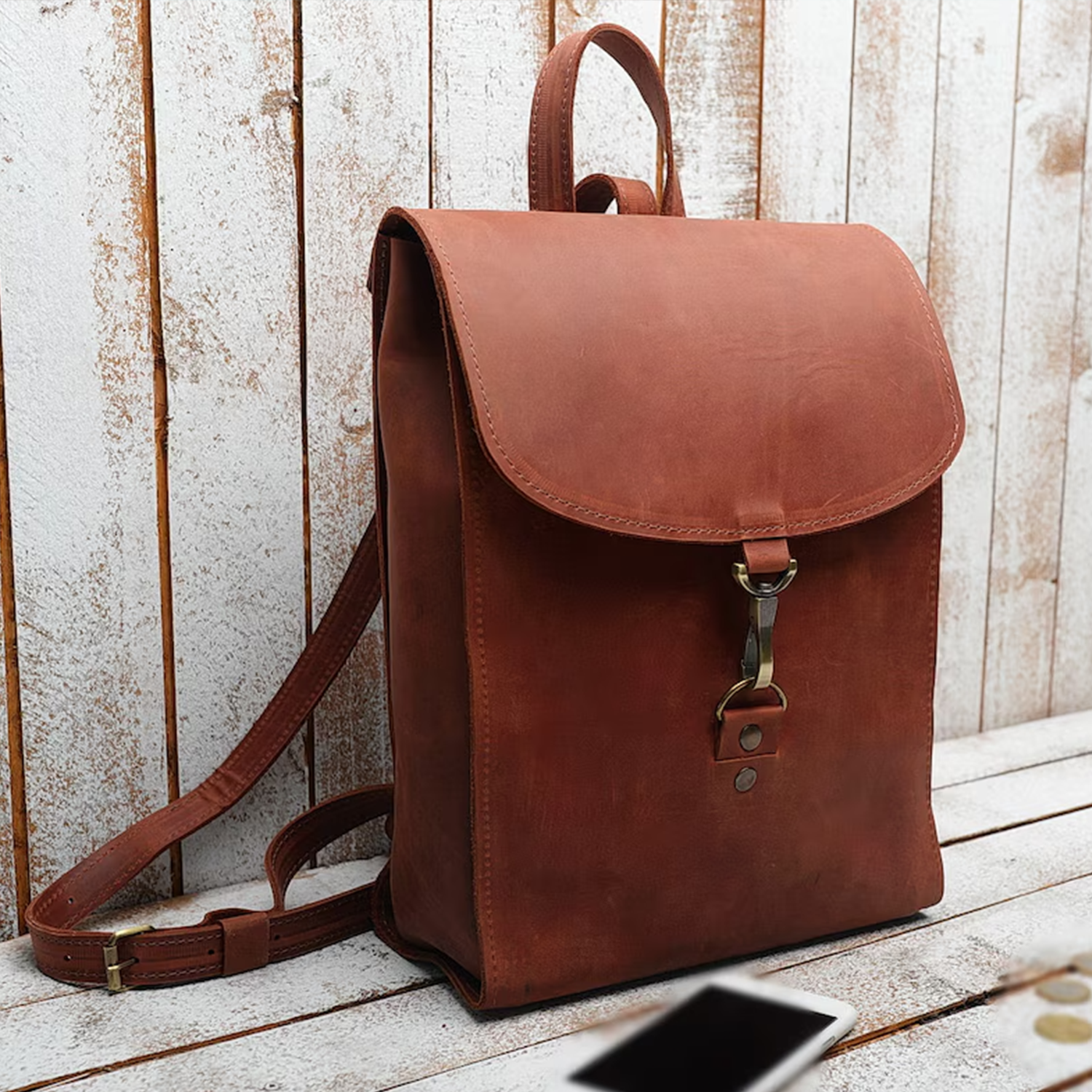 Vintage Rust Brown Vertical Fold Flap Rucksack With Antique Hook Ring Fastener, Curved Top Hand Loop, Side Access Zip Pocket And Adjustable Matching Shoulder Straps