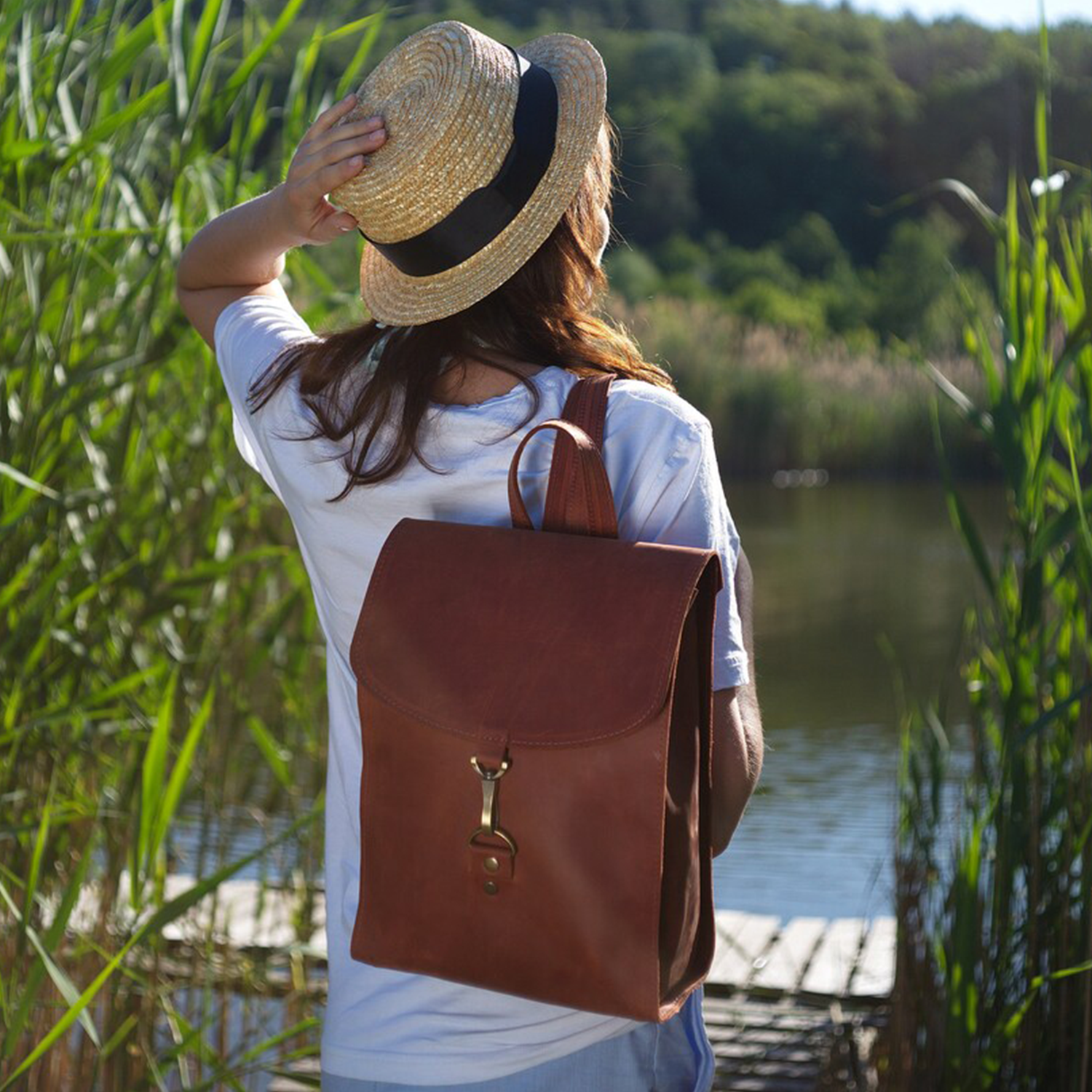 Vintage Rust Brown Vertical Fold Flap Rucksack With Antique Hook Ring Fastener, Curved Top Hand Loop, Side Access Zip Pocket And Adjustable Matching Shoulder Straps
