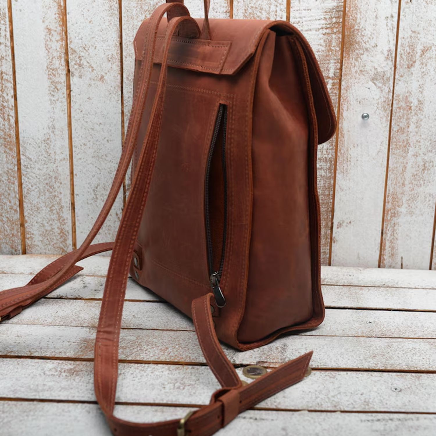 Vintage Rust Brown Vertical Fold Flap Rucksack With Antique Hook Ring Fastener, Curved Top Hand Loop, Side Access Zip Pocket And Adjustable Matching Shoulder Straps